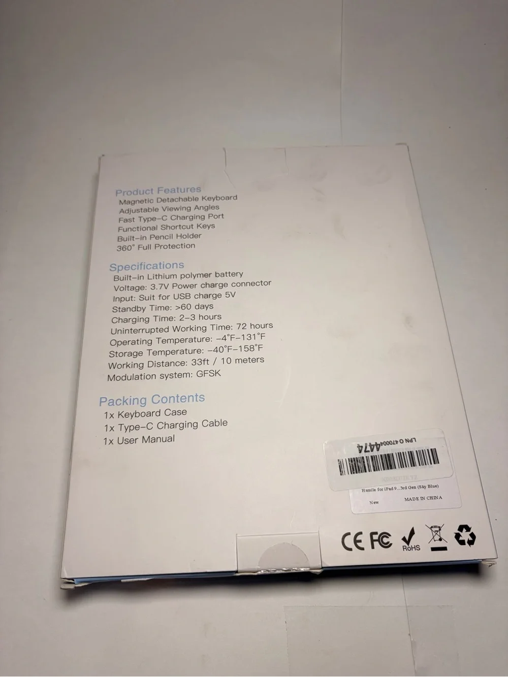 Light Blue Hamile Bluetooth Keyboard Case For IPad 9- (Open Box)